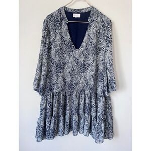 Melloday Womens 3X Navy Blue White Paisley Chiffon Tiered Boho Modest Dress
